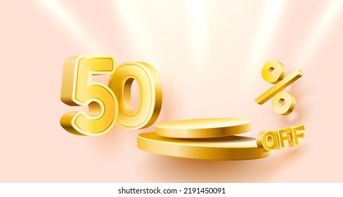 50 Off. Discount creative composition. 3d sale symbol with decorative objects, golden confetti, podium and gift box. Sale banner and poster. Vector illustration.