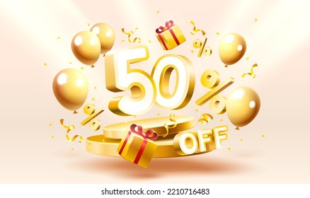 50 Off. Discount creative composition. 3d sale symbol with decorative objects, golden confetti, podium and gift box. Sale banner and poster. Vector illustration.