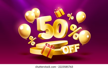 50 Off. Discount creative composition. 3d sale symbol with decorative objects, golden confetti, podium and gift box. Sale banner and poster. Vector illustration.