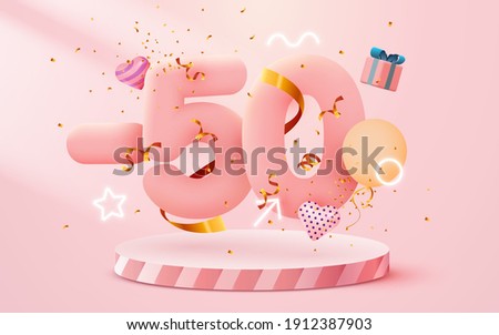 50% Off. Discount creative composition. 3d sale symbol with decorative objects, heart shaped balloons, golden confetti, podium and gift box. Sale banner and poster. Vector illustration.