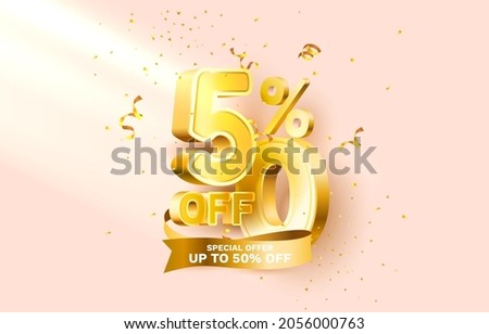 50 Off. Discount creative composition. 3d sale symbol with decorative objects, golden confetti, podium and gift box. Sale banner and poster. Vector illustration.