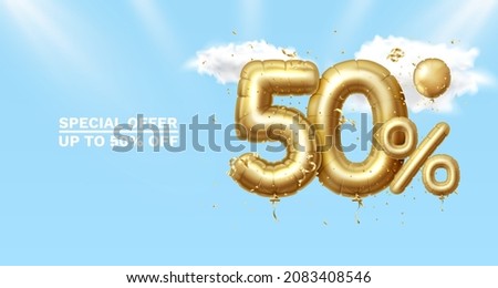 50 Off. Discount creative composition. 3d Golden sale symbol with decorative objects, heart shaped balloons, golden confetti, podium and gift box. Sale banner and poster. Vector illustration.