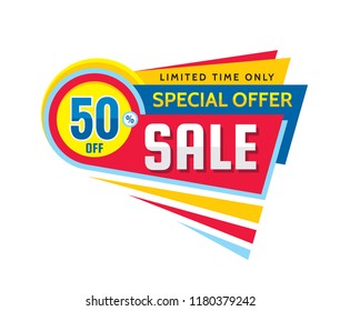 50% off discount - creative vector banner illustration. Abstract sale promotion concept layout on white background. Special offer sticker. Design elements. 