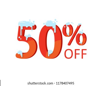 50% off. A discount of fifty percent. Numbers  in the snow. Winter sale, Christmas sale, holiday sale. Flat vector illustration