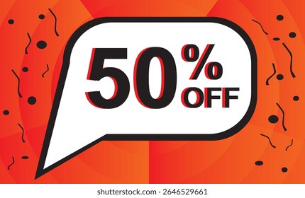 50% de desconto. Desconto no seu preço. Número preto com contorno laranja dentro de um balão branco e fundo laranja composto de elementos gráficos pretos.eps