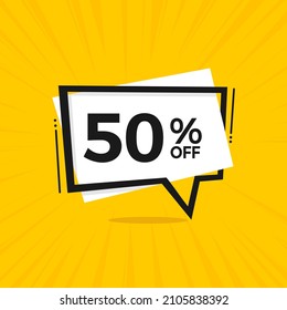 50% off. Discount 50 percent. Yellow banner with floating balloon for promotions and offers.