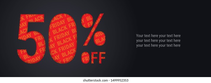 50% off discount promotion black friday sale. Poster, banner, ads. Paper cut with sale pattern. For your unique selling poster, banner promotion offer percent discount ads