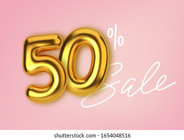 50% off discount promotion sale made of realistic 3d gold balloons. Number in the form of golden balloons. Template for products, advertizing, web banners, leaflets, certificates and postcards. Vector