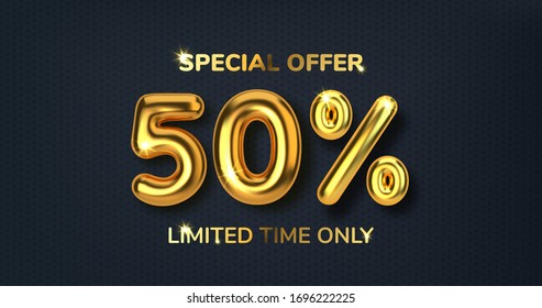 50 off discount promotion sale made of realistic 3d gold balloons. Number in the form of golden balloons. Template for products, advertizing, web banners, leaflets, certificates and postcards. Vector