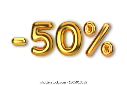 50 off discount promotion sale made of realistic 3d gold balloons. Number in the form of golden balloons. Template for products, advertizing, web banners, leaflets, certificates and postcards. Vector