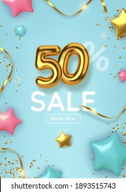 50 Off Discount Promotion Sale Made Of Realistic 3d Gold Balloons With Stars, Sepantine And Tinsel. Number In The Form Of Golden Balloons.  Vector Illustration