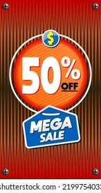 50% off Discount promotional banner with lines background. Mega Sale with Stories Format