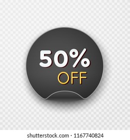 50 off discount sale circle sticker isolated on black background. Vector offer 50 percent round promo banner for Black Friday design.