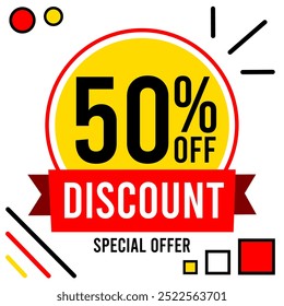 50% off discount 50 % off special offer fifty percent off discount 50%off Promotions with black and white numbers yellow ball circle and red drawings.eps