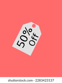 50% off discount tag, flat lay design with pink background. 