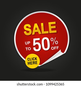 Up to 50% off discount tag,special offer. Modern red and yellow sale website stickers on a black abstract background.Sale banner template design.