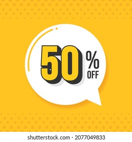 50% off. Discount vector for sales, labels, promotions, offers, stickers, banners, tags and web stickers. New offer. White and black discount balloon emblem on yellow background.