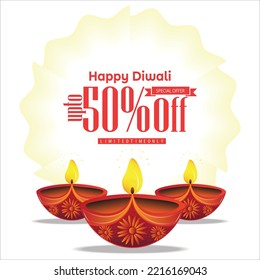 50% off Diwali sale banner design with diya oil lamp. Festival sale, offer, discount concept