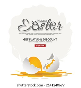 50 % Rabatt auf die Osterverkaufs-Plakatvorlage. Frohe Ostern! Das Konzept von Happy Oaster gebrochenem Ei wurde einzeln auf weißem Hintergrund
