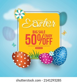 50% off Easter sale poster or banner template with beautiful colorful Easter eggs. Greeting card for Easter, promotion and shopping template.