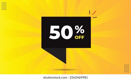 50% Off Editable Sticker Icon Label EPS Format Banner Template Design with Black Shapes, Bold White Yellow Font, and a Vibrant Yellow-Orange Abstract Hot Background for eye-catching promotion