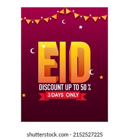 UP TO 50% Off For Eid Sale Poster Design With Hanging Crescent Moon, Stars And Bunting Flags.