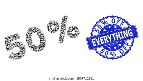 50% Off Everything unclean round stamp seal and vector recursive composition 50 percents. Blue stamp seal contains 50% Off Everything title inside round shape.
