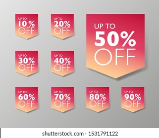50% off fall seasonal sale tags. Set of 10% through 90% off Red labels for sale promotional marketing.