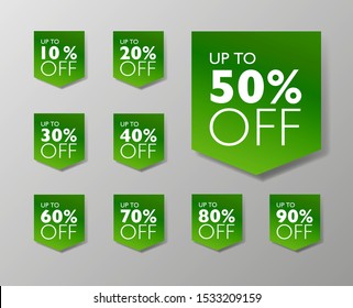50% off fall seasonal sale tags. Set of 10% through 90% off Green theme labels for sale promotional marketing.