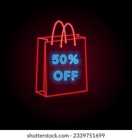 50% off. fifty percent off. neon style. brick wall background in red color. Sale symbol with decorative objects. Price tag. 3D shopping bag. Sale banner and poster. Vector illustration.