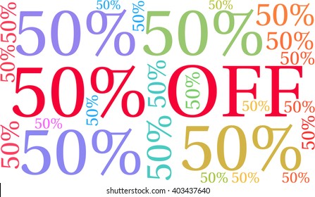 50% Off - Fifty Percent Off word cloud on a white background. 