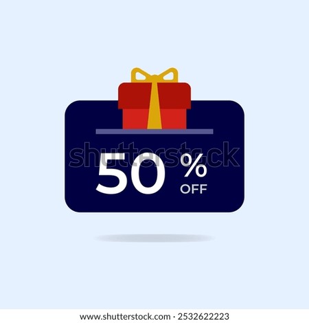 50% off Gift card Discount. Fifty percent off gift box. Vector illustration. Flat icon.
