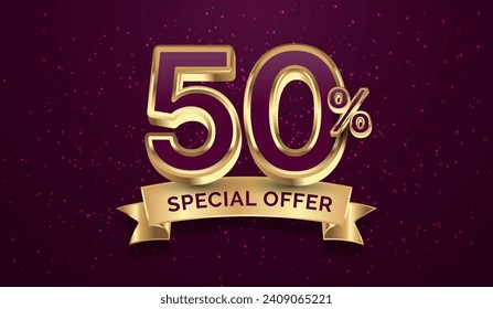 50% off, Gold discount sale ribbon, discount promotion 50%. Vector illustration