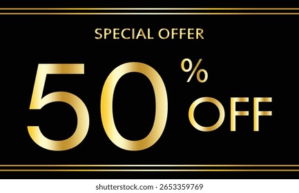 50% off. Golden numbers with black background. Luxury banner for shopping, print, web, sale 3d illustration . 