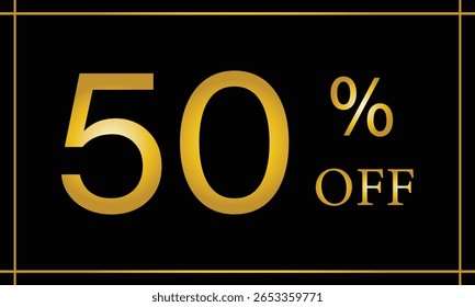 50% off. Golden numbers with black background. Luxury banner for shopping, print, web, sale 3d illustration . 