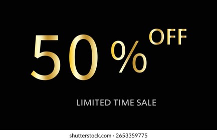 50% off. Golden numbers with black background. Luxury banner for shopping, print, web, sale 3d illustration . 