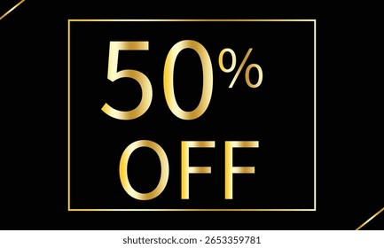 50% off. Golden numbers with black background. Luxury banner for shopping, print, web, sale 3d illustration . 
