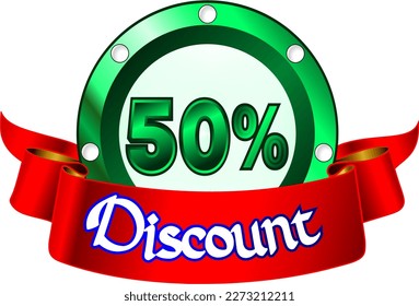 50% de descuento, disco verde y cinta roja, ilustración vectorial para mayorista y minorista, arte ilustrativo, ilustración hermosa, vector. ¡Dios es bueno!