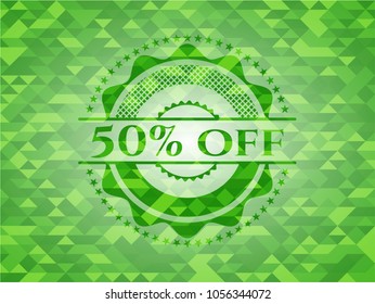 50% Off green emblem with triangle mosaic background