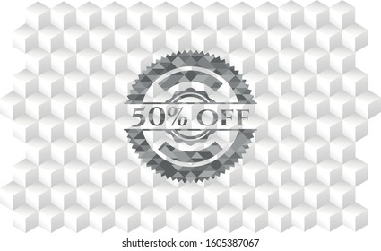 50% Off grey badge with geometric cube white background