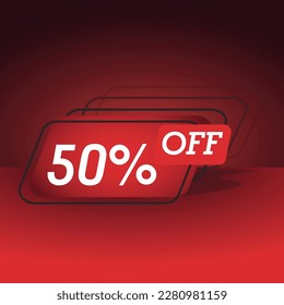 50% off. Half price Banner with fifty percent off in square red balloon with red background and dark details