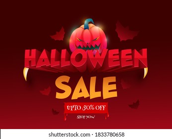 UP TO 50% Off for Halloween Sale Poster Design with Jack-O-Lantern.