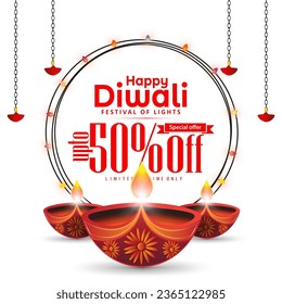 50% off happy diwali sale banner template design on white background. Vector illustration.