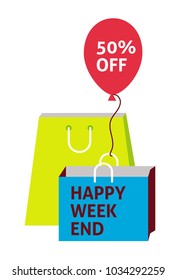 50% off - Happy Week End label, flat vector illustration for graphic and web design