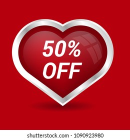 50% OFF and heart, vector illustration