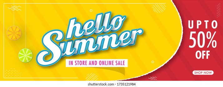 UP TO 50% Off for Hello Summer Sale Header or Banner Design with Hanging Lemon Slices.