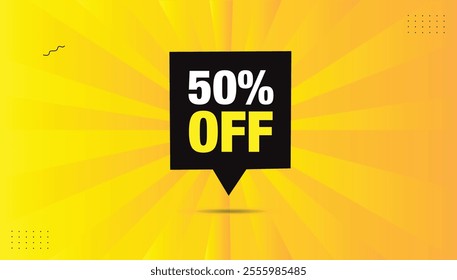 50% OFF illustration label sticker vector art template. Editable EPS format, bold white text, black shapes, yellow-orange background. Perfect for promotions, sales, and modern graphic design projects