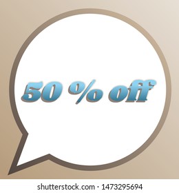 50% off inscription. Bright cerulean icon in white speech balloon at pale taupe background. Illustration.