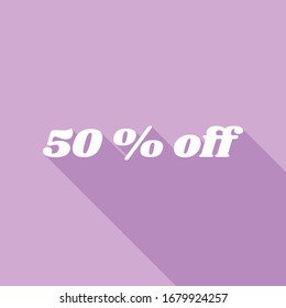 50% off inscription. White Icon with long shadow at purple background. Illustration.