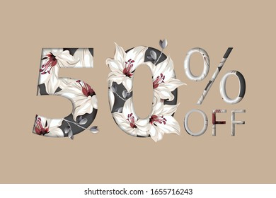 50% off lettering handmade with lily flower decoration. For Sale discount, Poster Banner Background, Sign and symbol. Luxury unique style. Vector illustration